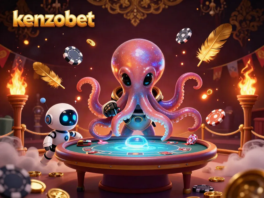 Kenzobet showcases a vibrant 3D scene with an alien octopus at a holographic poker table, capturing an exhilarating online gaming experience.