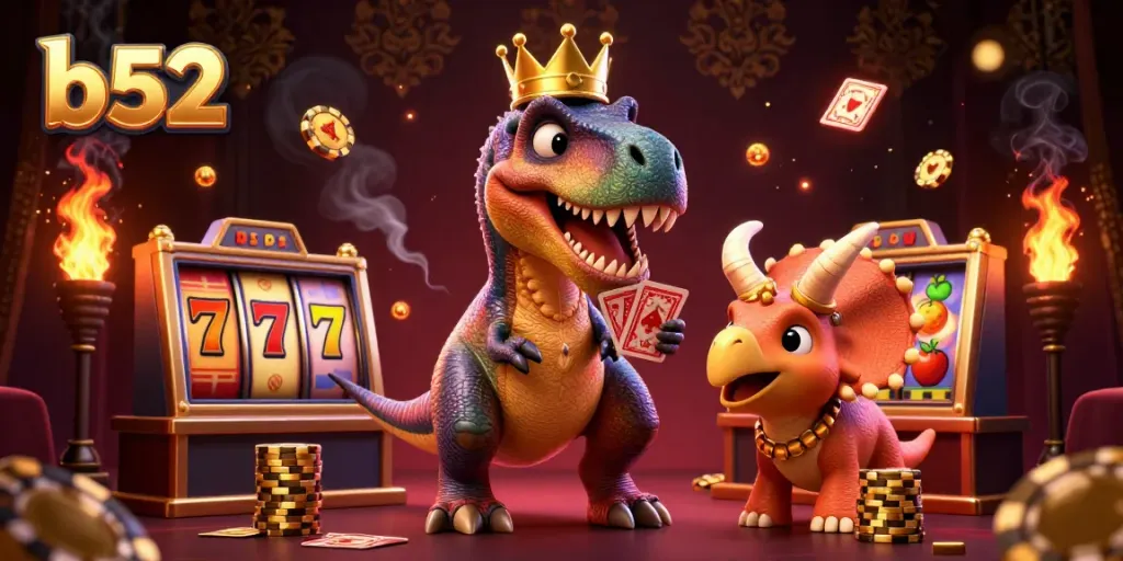 Join the b52 fun with a T-Rex card shuffling while vibrant slot reels spin in an exciting casino setting.