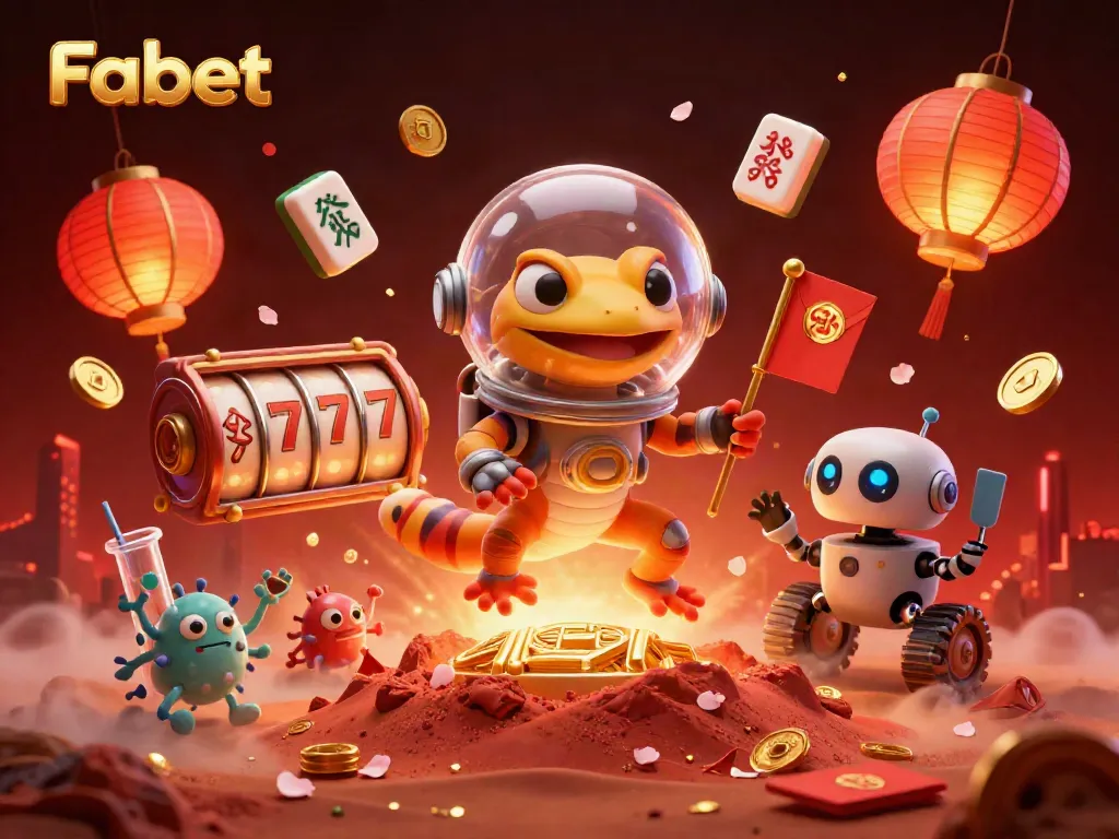 Fabet-inspired 3D illustration of a Martian gecko discovering a golden casino amidst dynamic gambling elements.