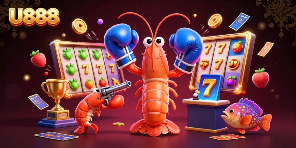 Experience thrilling jackpots with U888's vibrant cartoon scene featuring entertainment and excitement.