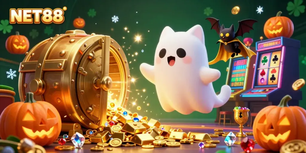 Engage with NET88's vibrant casino universe, where a ghost cat and bat uncover treasures.