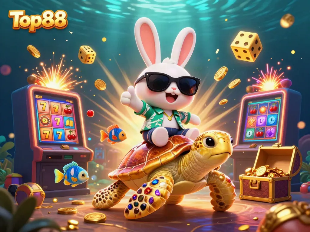 Experience the thrill of Top88 with a lively 3D scene of a lucky rabbit and a golden turtle celebrating jackpots!