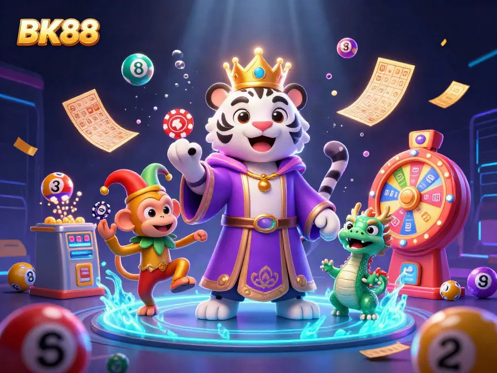 Experience thrilling gaming at BK88 with a vibrant 3D casino illustration featuring dynamic characters and colorful game elements.