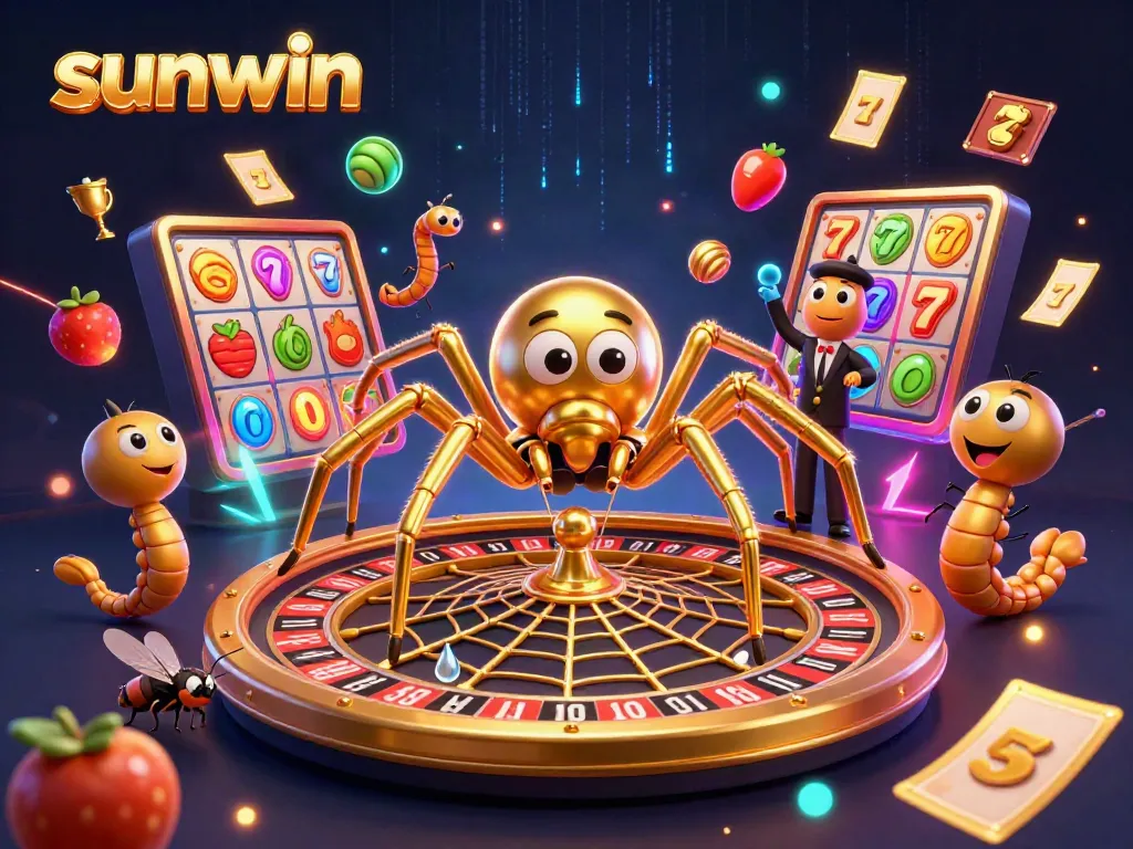 Engage with sunwin's thrilling casino scene featuring a spider and croupier spinning a roulette wheel.