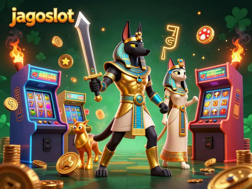 Permainan slot jagoslot dengan karakter Mesir kuno Anubis dan Bastet dalam ilustrasi 3D yang menakjubkan.
