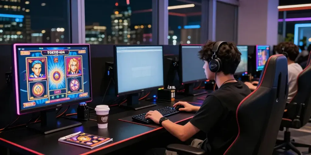 Player enjoying server Thailand slot games in a modern gaming lounge.