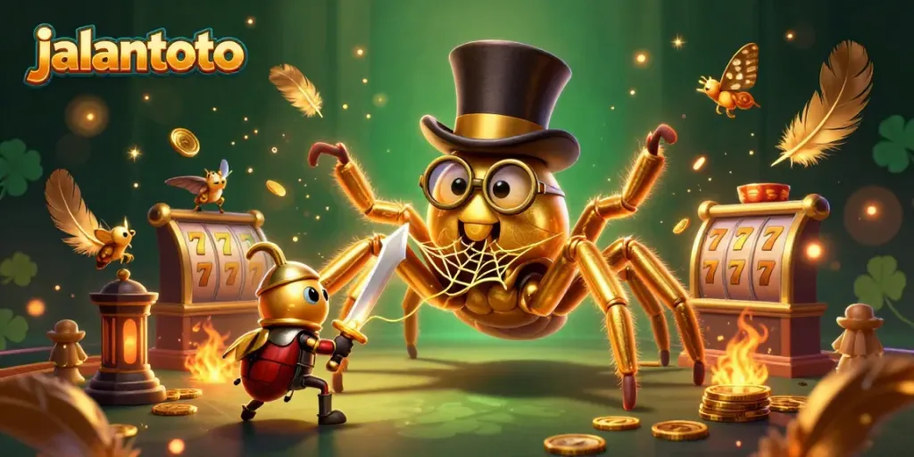 Experience the thrill of jalantoto with a vibrant 3D scene featuring a golden tarantula and exciting casino elements.