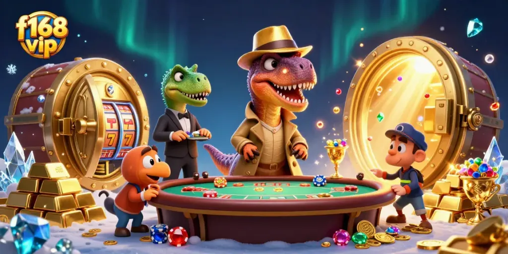 Win at f168 vip with a cartoon velociraptor counting cards at a buzzing blackjack table.