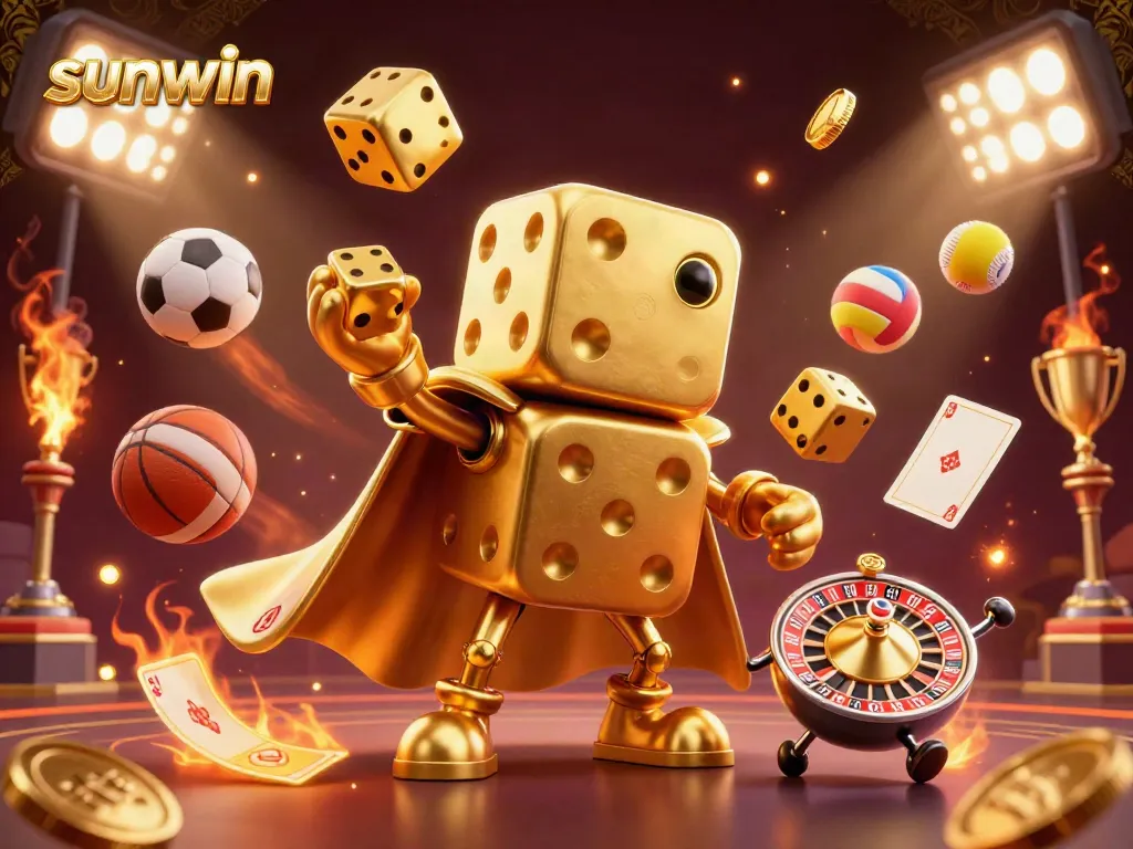 Experience the thrilling action of sunwin gaming with vibrant golden dice and dynamic sports elements.