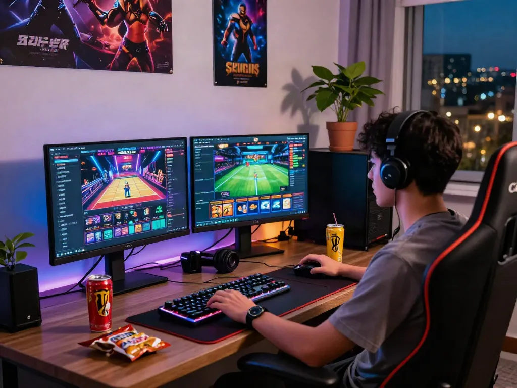 Engaged player enjoying DA88 online casino gaming with dual monitors and vibrant interfaces.