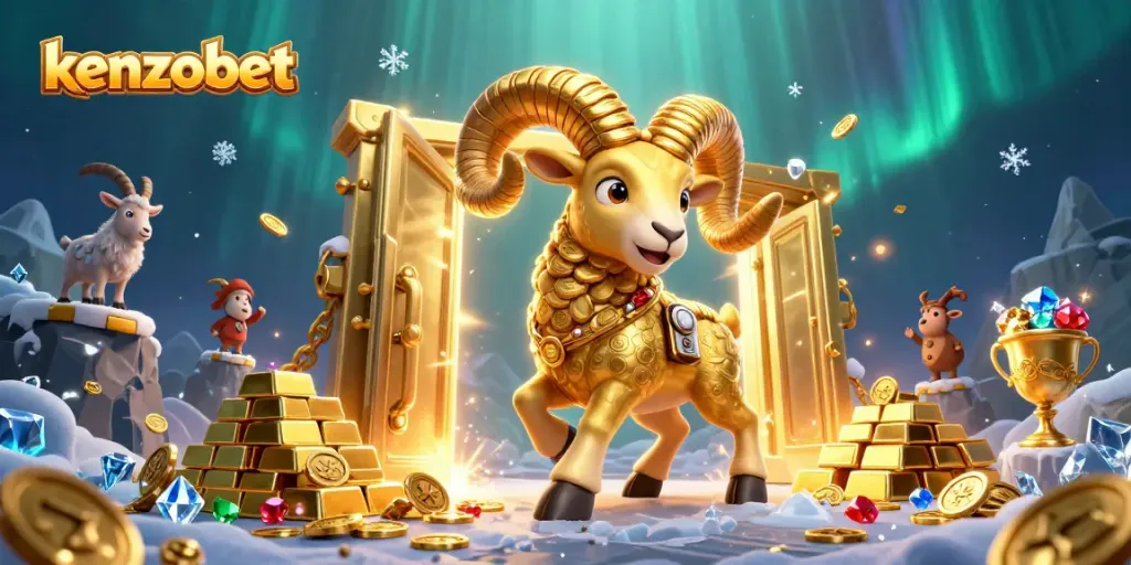 Experience the thrill of kenzobet with golden treasures and a charging ram amidst a lavish casino scene.