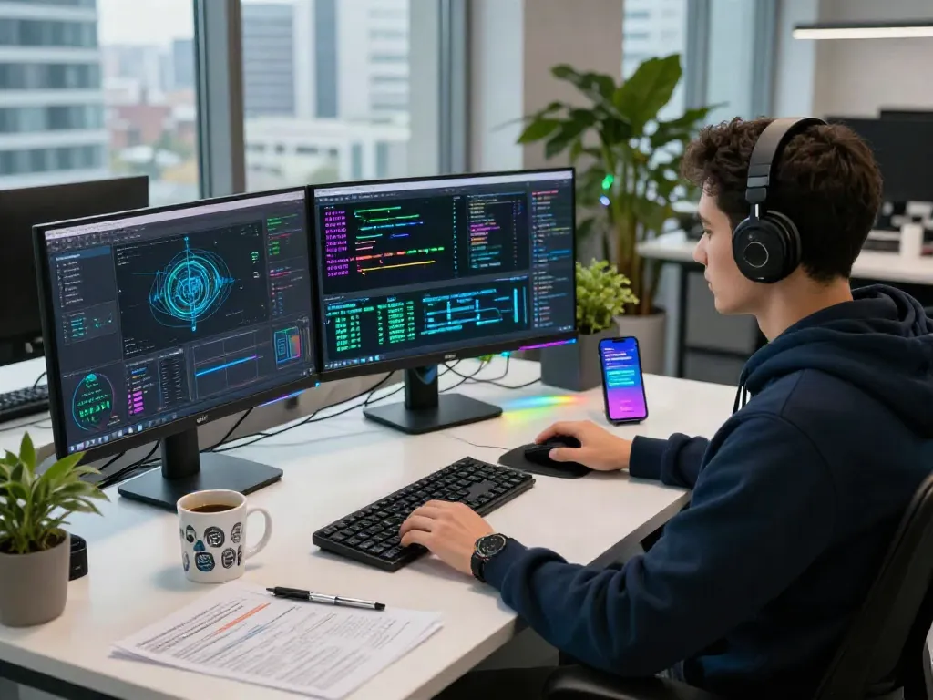 Cybersecurity analyst monitoring real-time data analytics for pecah404 security breaches in a modern tech office.