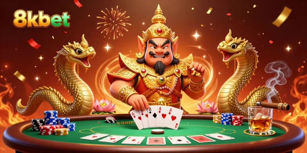 Engage with the vibrant 8kbet casino scene featuring a Thai temple guardian and poker elements.