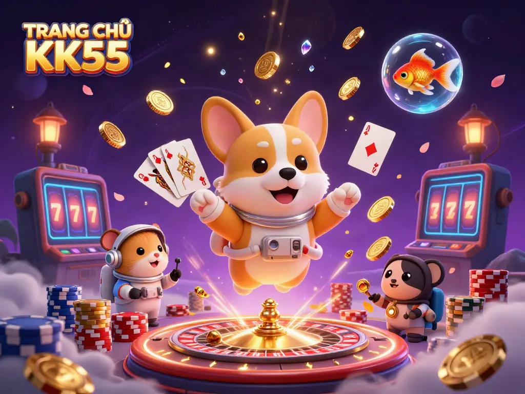 Engage in thrilling gaming action at TRANG CHỦ KK55 with a vibrant space casino scene.