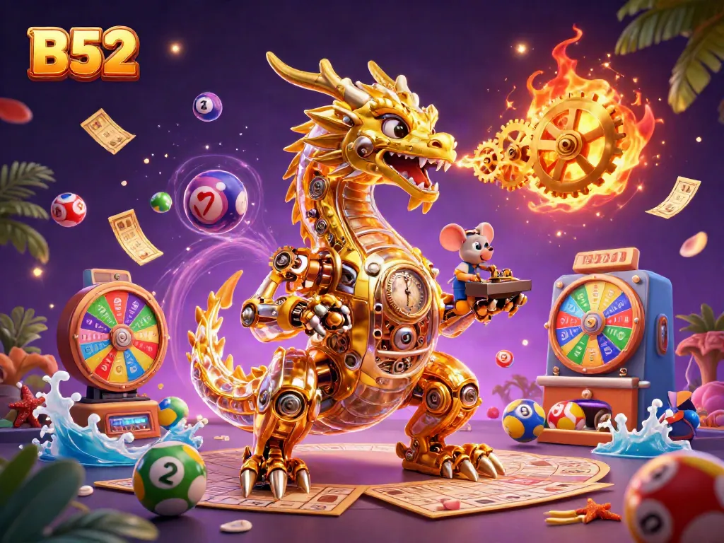 Experience thrilling gameplay with B52 featuring a golden dragon among colorful lottery elements in an exciting casino atmosphere.