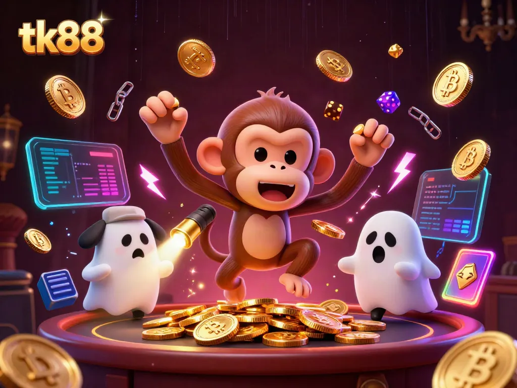 Engage in the tk88 casino adventure with a mischievous ghost monkey and a curious puppy exploring golden treasures.