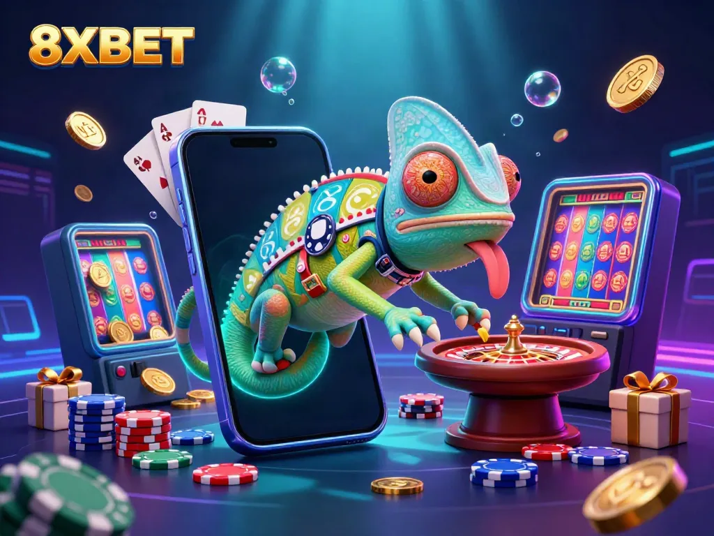 Experience the vibrant world of 8XBET through this dynamic casino-themed illustration.