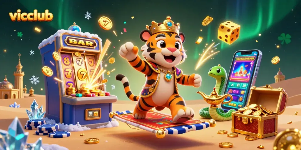 Win big at vicclub with vibrant 3D casino illustration featuring slots, characters, and dynamic gaming elements.
