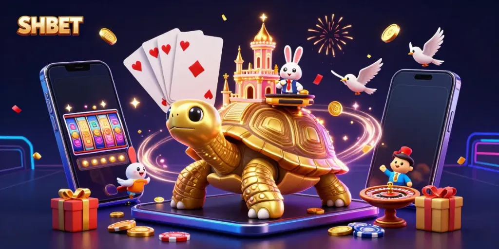 Experience dynamic gaming fun with SHBET's vibrant 3D illustration featuring a golden tortoise, rabbit dealer, and casino elements.