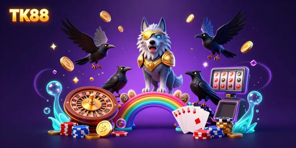 Experience the thrilling world of TK88 with an engaging 3D gambling illustration featuring Odin and ravens, casino elements, and vibrant visuals.