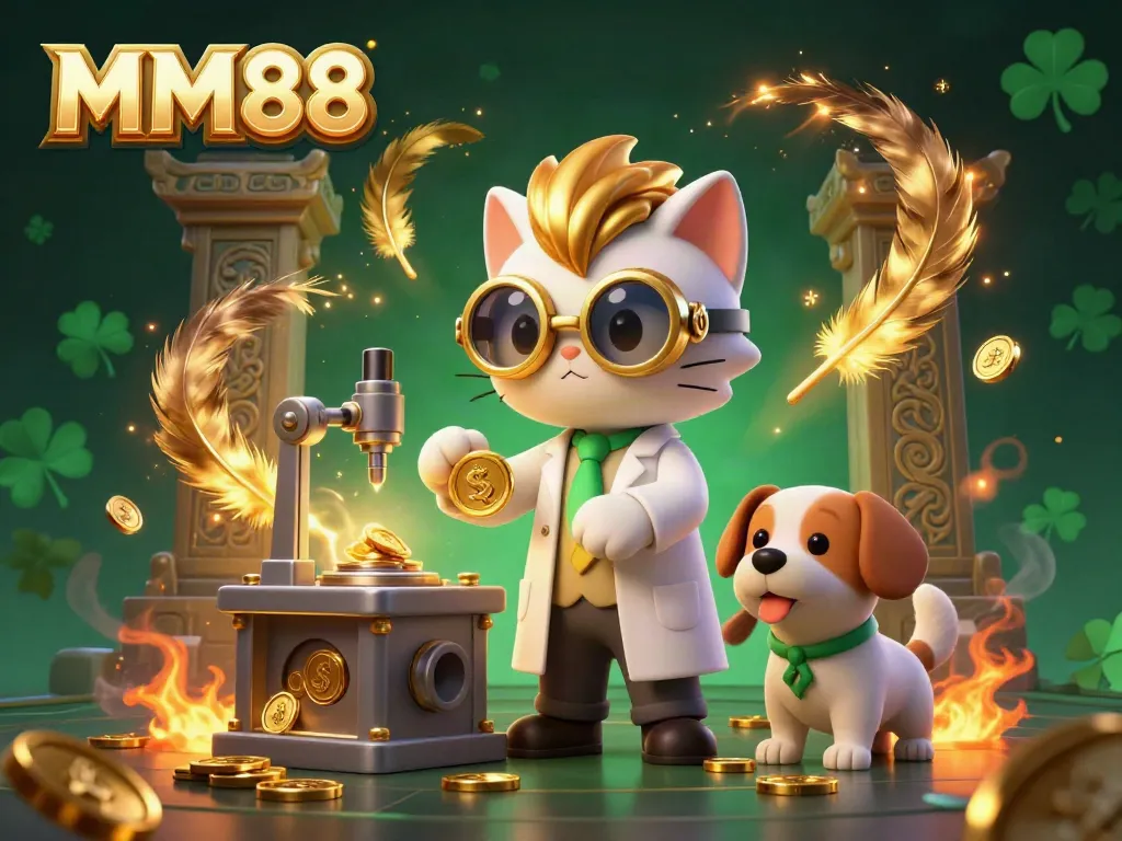 Experience thrilling gameplay at MM88 with this vibrant digital illustration featuring a mad scientist cat and loyal dog in a whimsical casino lab.