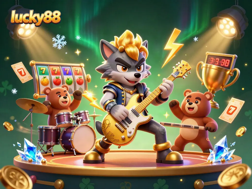 Immerse in lucky88's vibrant world with a 3D rock star wolf and casino elements.