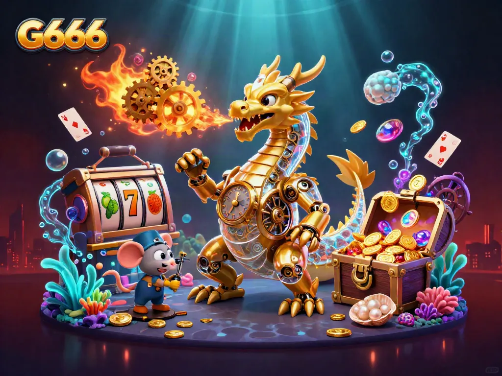 Engage with the vibrant G666 gaming scene showcasing a golden dragon amidst slot reels and treasures.