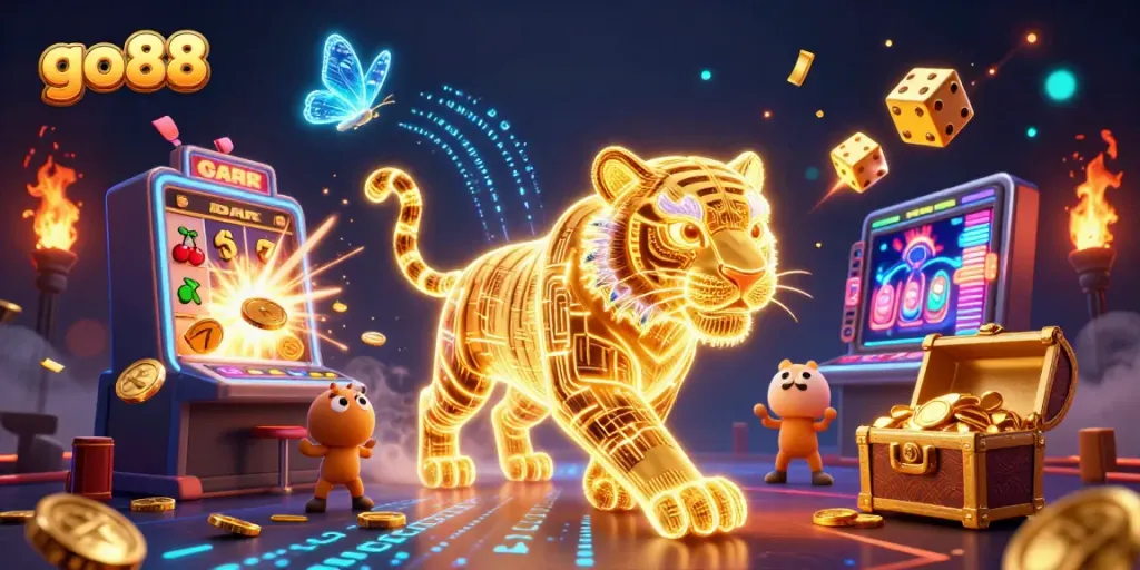 Experience the excitement of go88 with a stunning digital casino scene featuring a golden tiger and dynamic game elements.