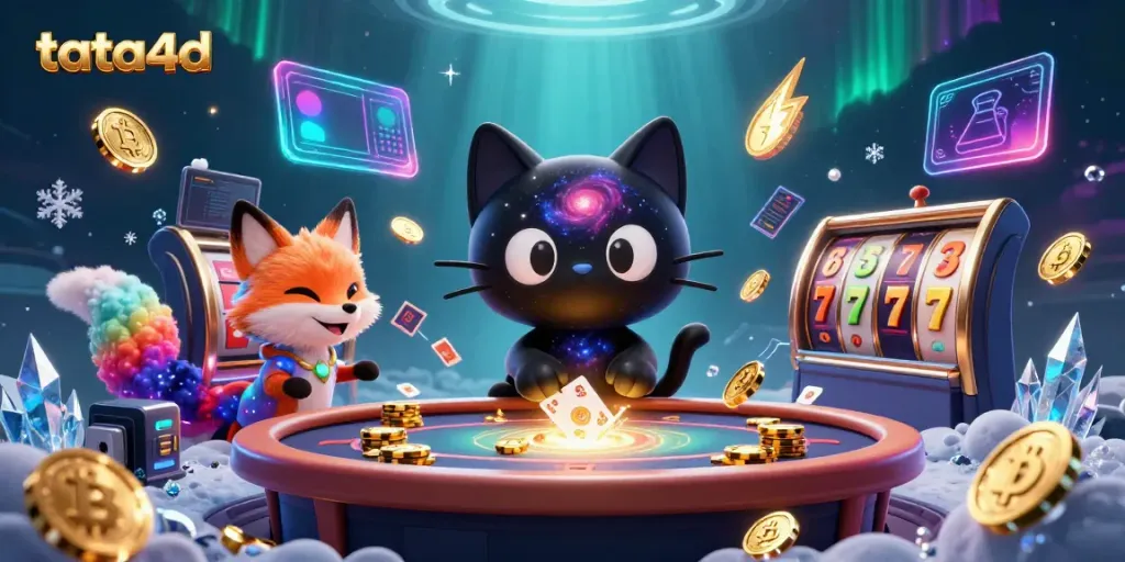 Play slots with tata4d in an enchanted cosmic casino, featuring vibrant characters and dynamic visuals.
