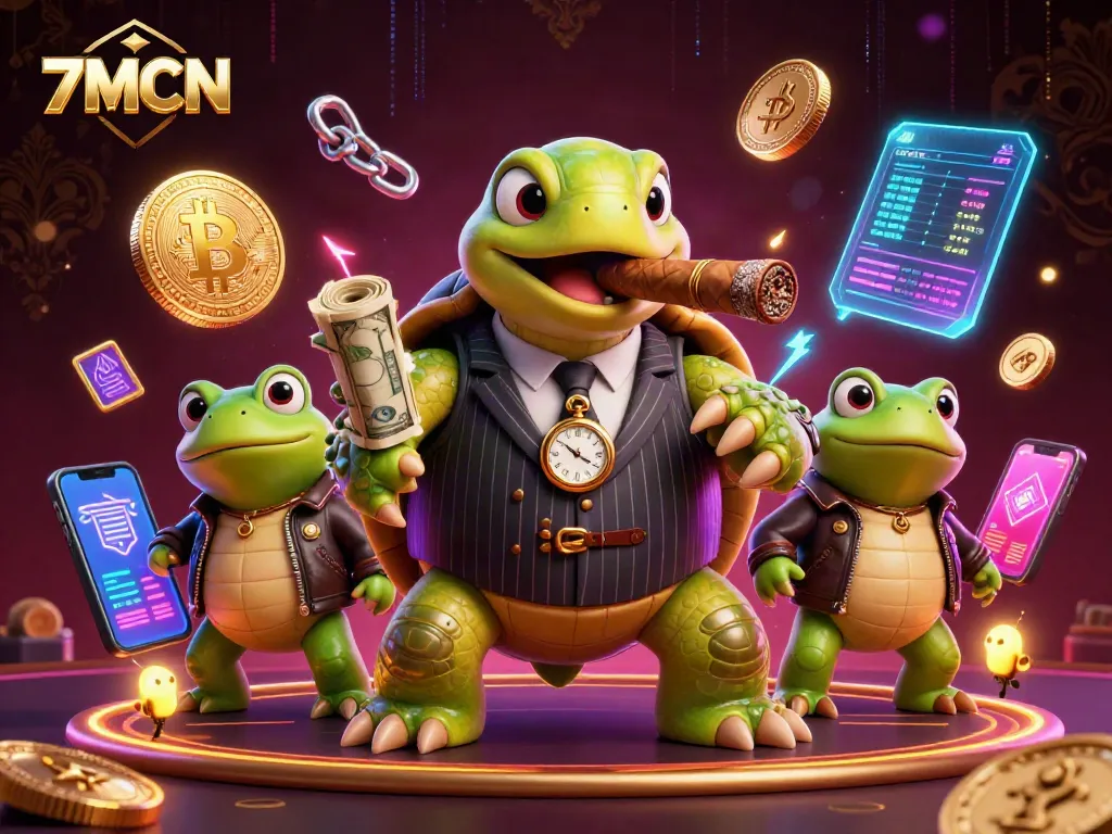 Engaging 7MCN scene showcasing turtle mobster and bullfrog enforcers amidst vibrant casino lights.