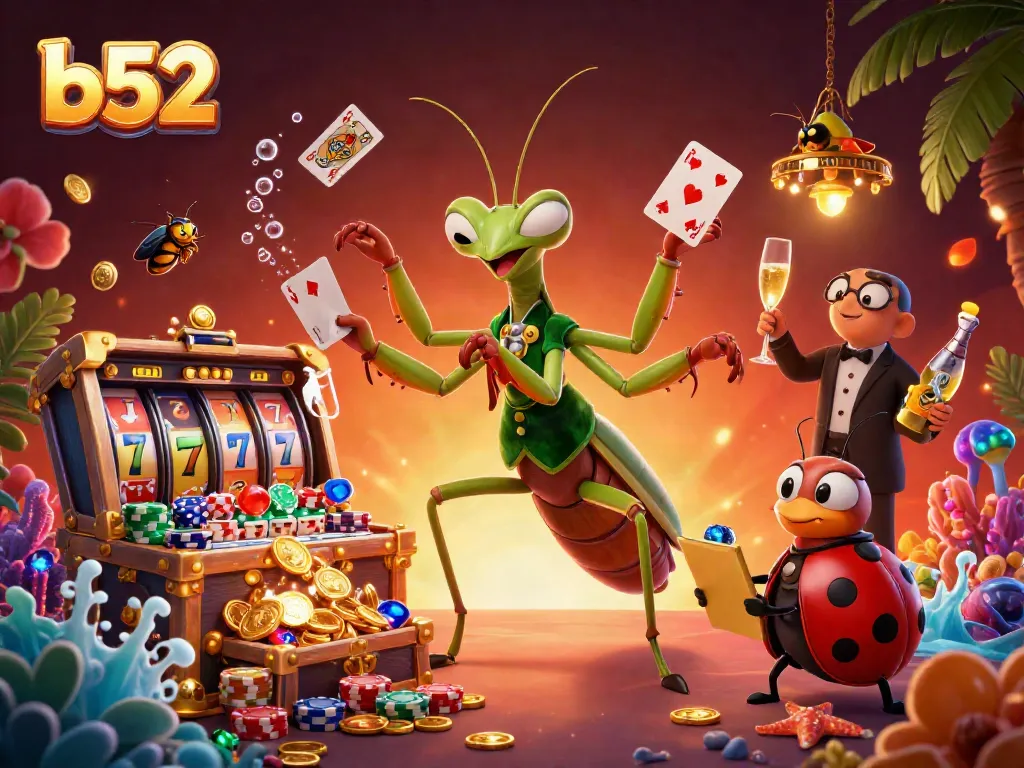 B52 casino illustration showcasing a giant mantis card sharp dealing cards and a ladybug pit boss amidst vibrant gaming elements.