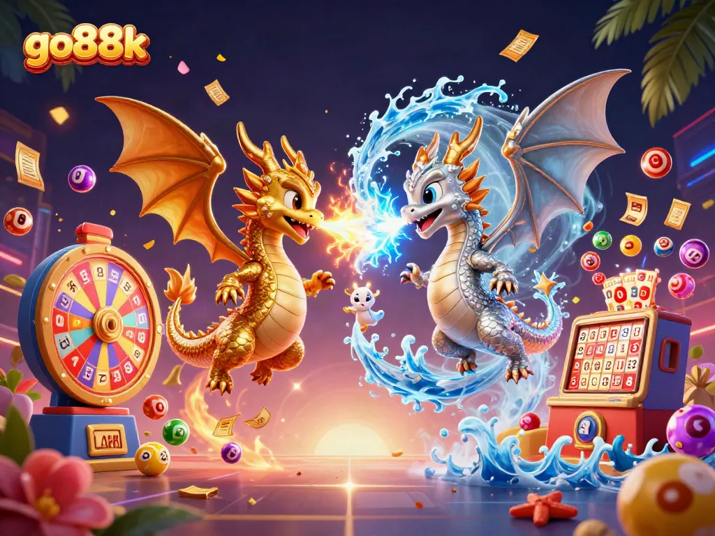 Experience the thrills of go88k with dynamic dragons and vibrant casino elements in this captivating illustration.