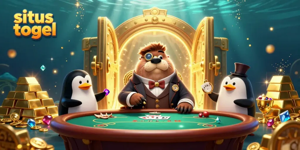Engaging scene of situs togel underwater poker game with a walrus, penguin dealer, and pufferfish player bluffing