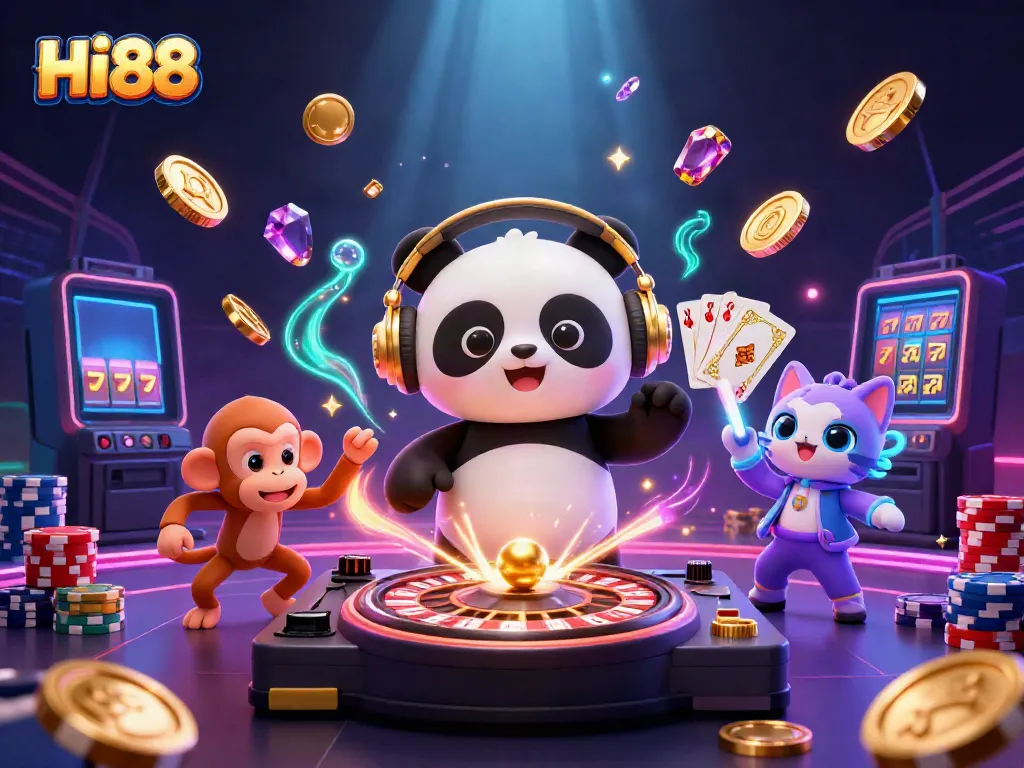 Experience excitement with HI88: a DJ panda, breakdancing monkey, and rave kitten amidst casino elements.