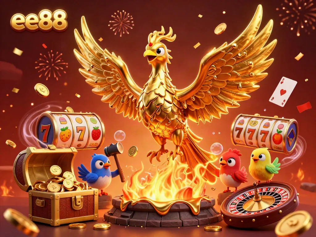 Spin and win with ee88's vibrant 3D illustration of a phoenix and casino themes.