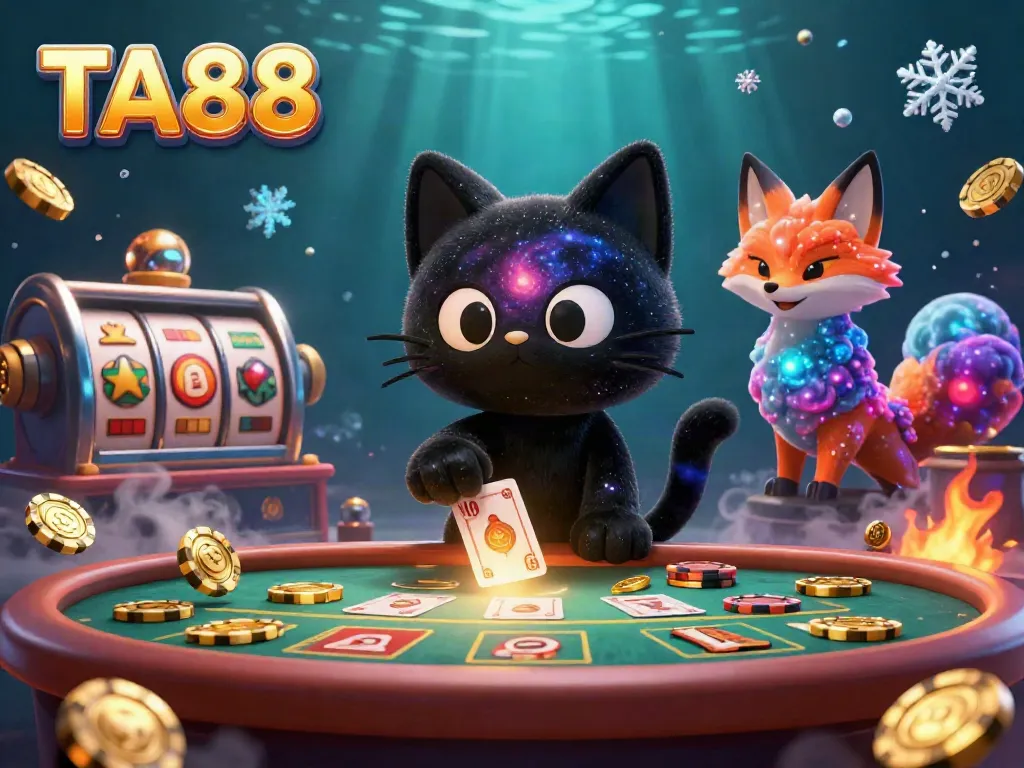 Experience TA88's cosmic casino with a black hole cat captivatingly pulling in chips and cards.