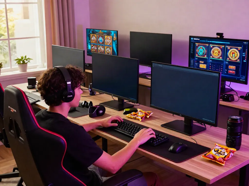 Person gaming on situs slot gacor ODDIGO with vibrant screens and neon light.