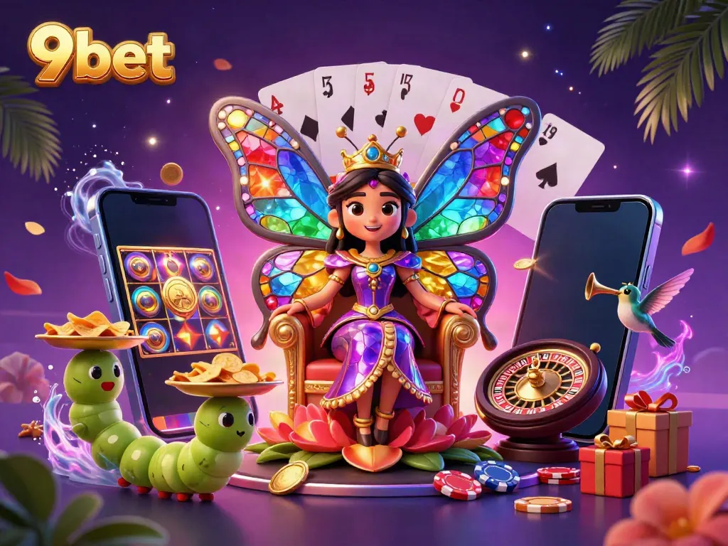 Engage with 9bet's vibrant, dynamic casino world featuring rich game elements and colorful characters.