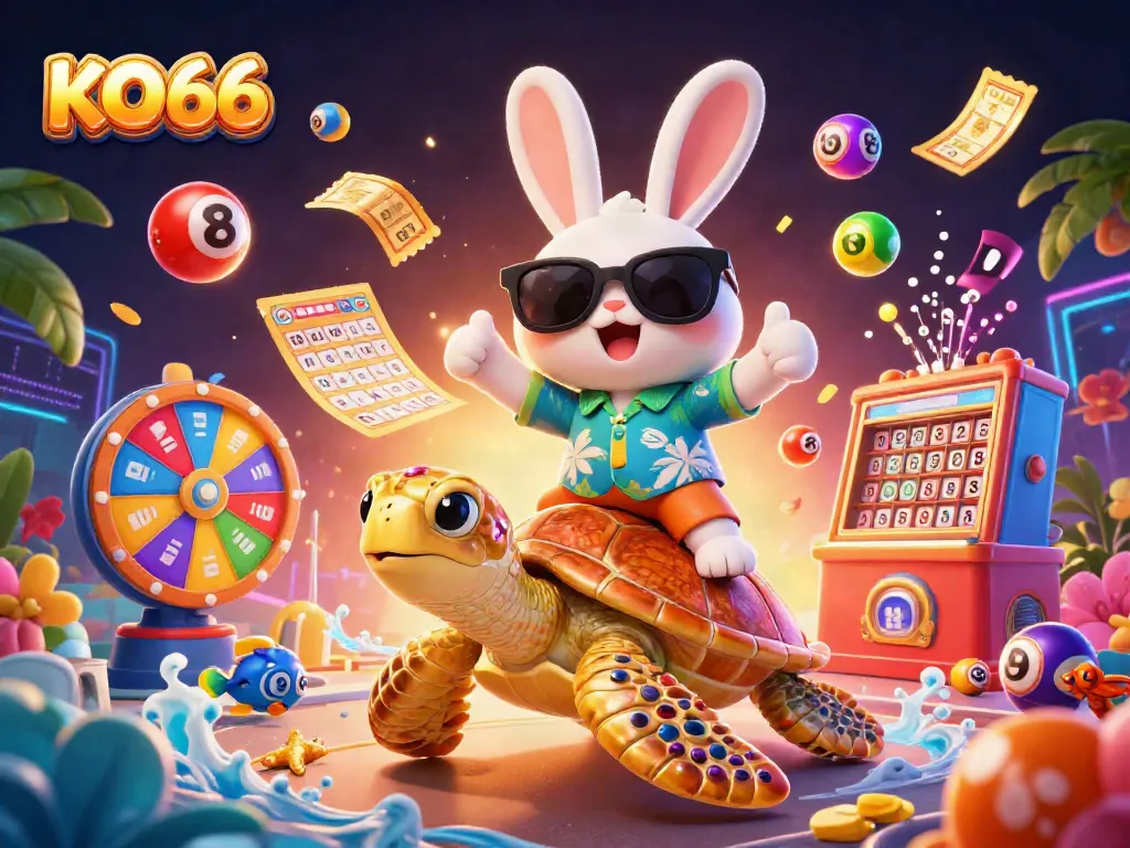 Engaging KO66 casino scene with a lucky rabbit and golden sea turtle amidst vibrant game elements