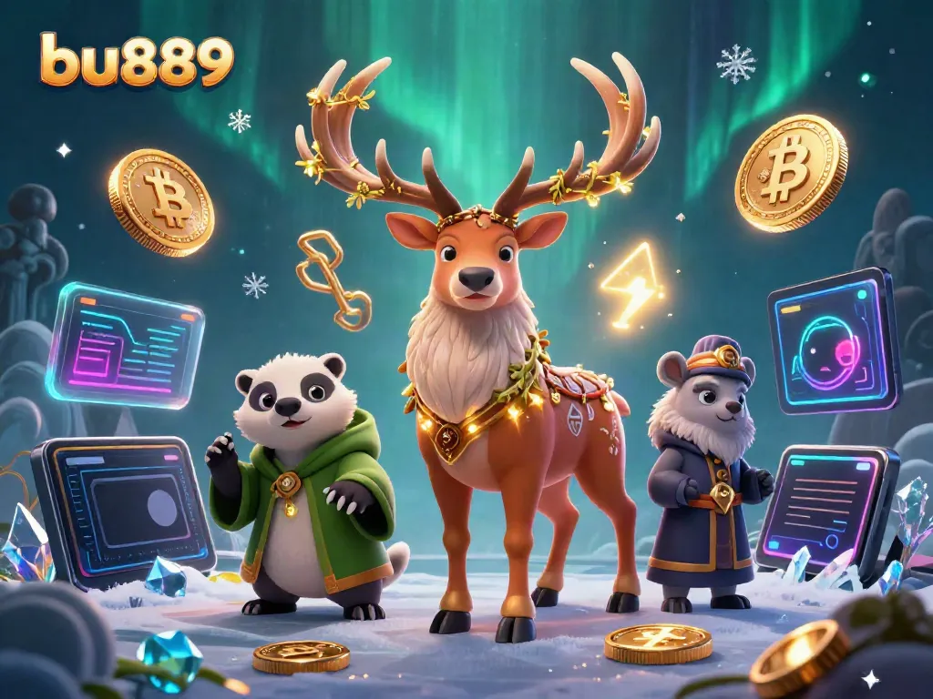 Experience the thrilling world of bu889 with a vibrant 3D casino scene filled with mystical characters and crypto elements.