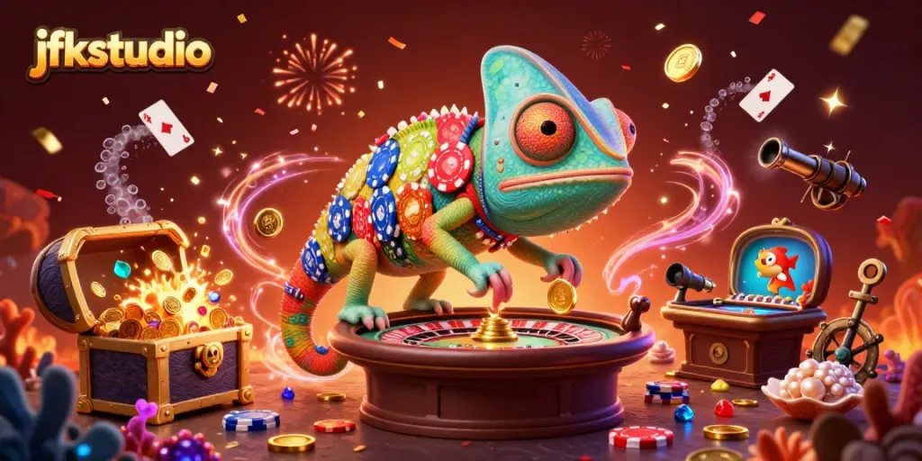 Engage with jfkstudio's vibrant casino scene featuring a chameleon owner and dynamic game elements.
