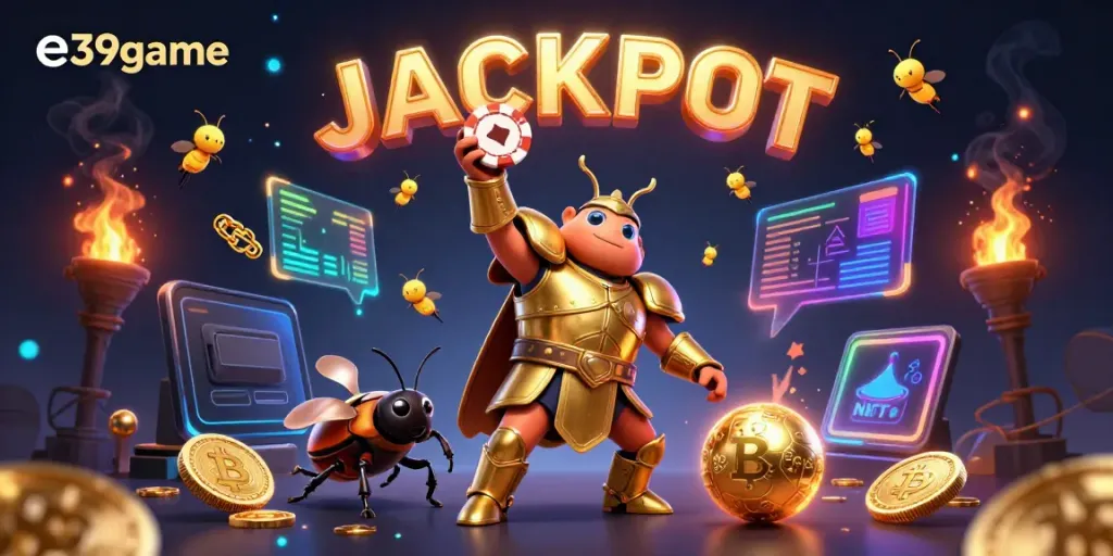 Experience the thrill of e39game with an epic poker victory scene featuring dynamic characters and vibrant casino elements.