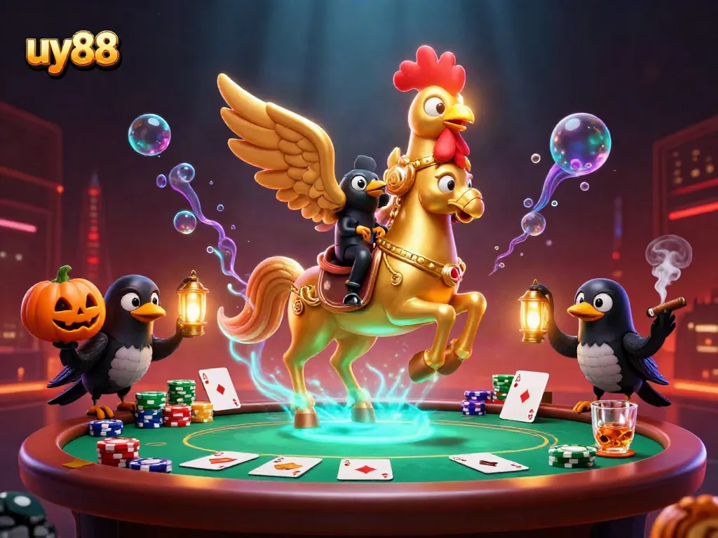 Experience the excitement of uy88 in a vibrant midnight casino scene with golden rooster characters.
