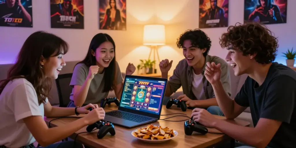 Group enjoying slot777 games together in a cozy living room with vibrant atmosphere.
