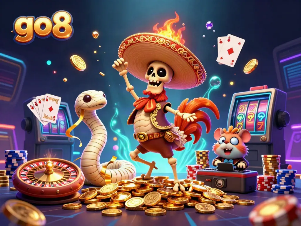 Experience the excitement of GO8 casino with a vibrant victory dance by characters amid spinning roulette and golden coins.