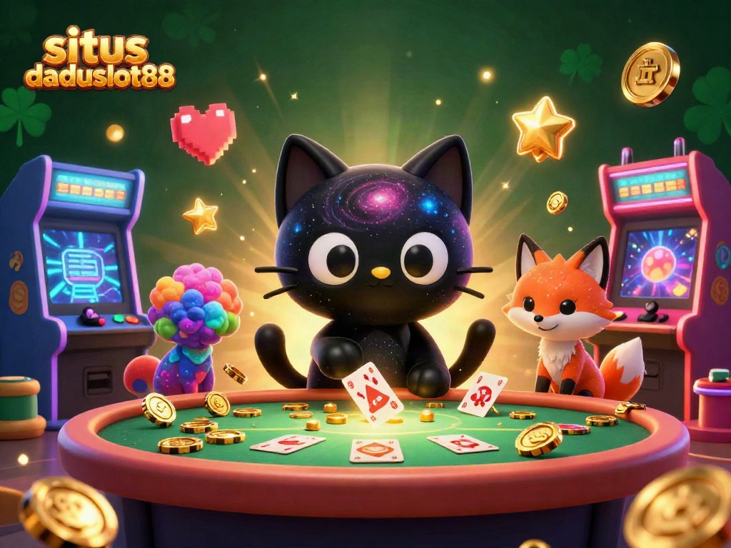 situs daduslot88 menampilkan kucing lubang hitam 3D di meja kasino penuh chip emas yang berkilau.
