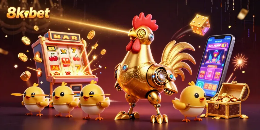 Experience captivating slots action with 8xbet, featuring a golden rooster robot and jackpot moments.