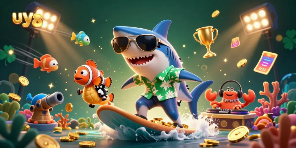 Experience gambling excitement with uy88's colorful fish shooting game featuring vibrant 3D characters surfing on gold coins.