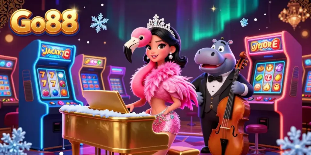 Experience the thrill of Go88 with a vibrant floating casino scene featuring diverse gaming elements and lively characters.