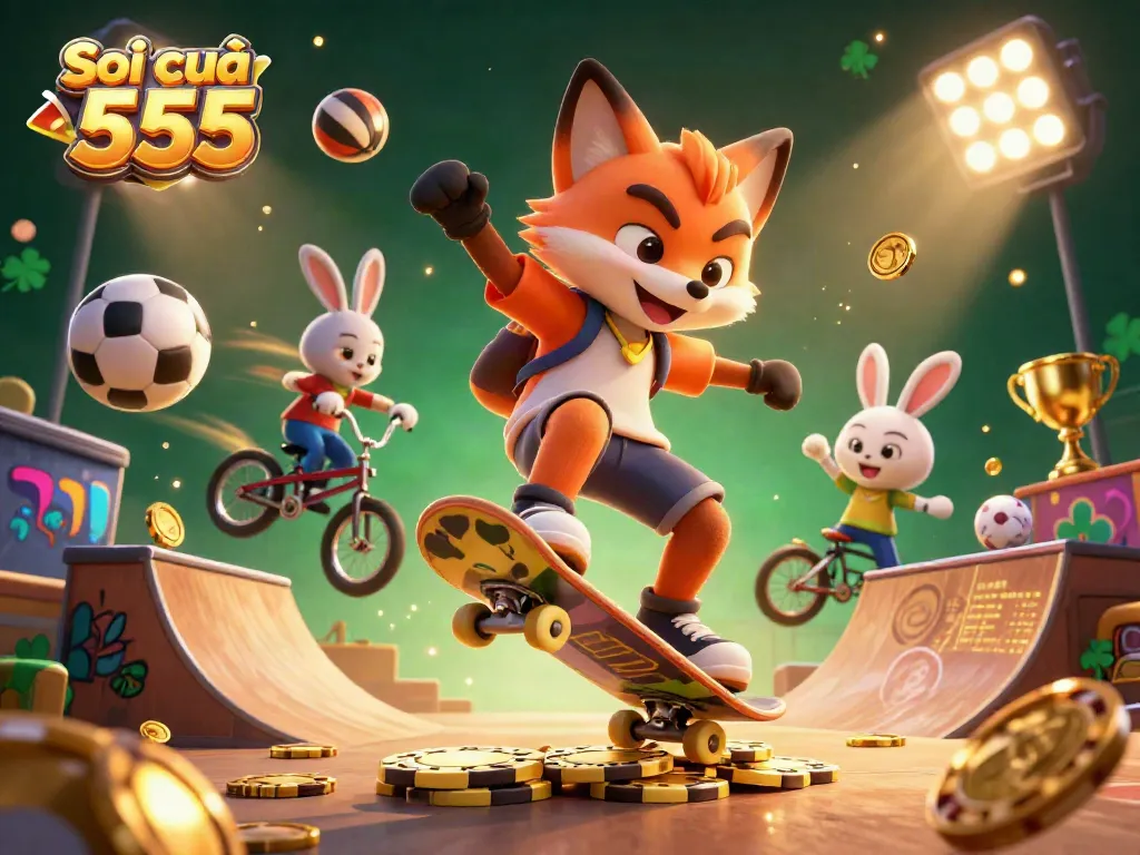 Experience exciting moments at Soi cầu 555 with dynamic, action-packed gambling fun in a vibrant illustration.